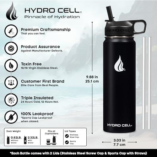 Image of HYDRO CELL Stainless Steel Insulated Water Bottle with Straw - For Cold & Hot Drinks - Metal Vacuum Flask with Screw Cap and Modern Leakproof Sport Thermos for Adults (Black 24oz)