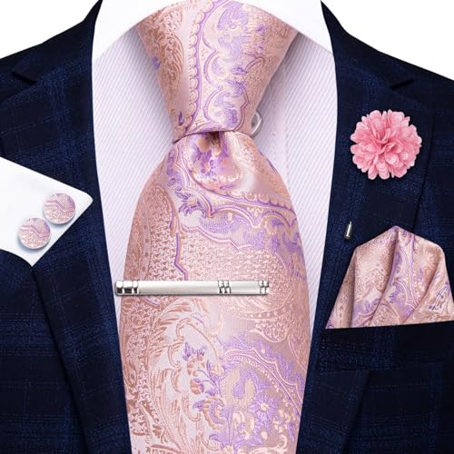 Image of Hi-Tie Mens Light Pink Purple Necktie Set Silk Jacquard Tie and Pocket Square Lapel Pin Silver Tie Clip Cufflinks Set Wedding Business 6PCS