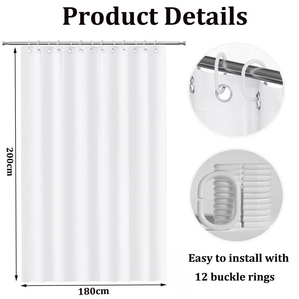 White Shower Curtain,Mould Proof and Mildew Resistant Extra Long Shower Curtain Liner 180 x 200cm (71 x 79 Inch) Drop,100% PEVA Machine Washable Waterproof Bathroom Shower Curtain - Image 2