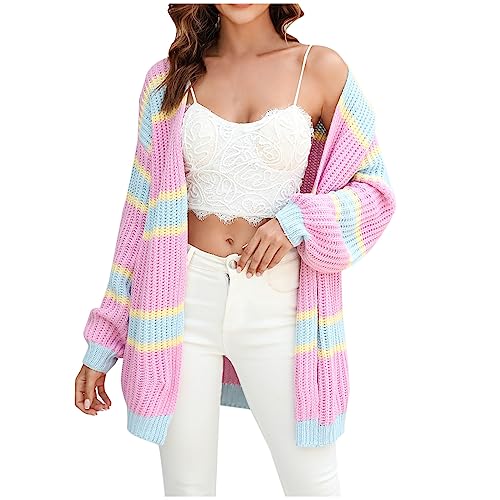 Womens Open Front Cardigan Sweaters Long Sleeve Chunky Crochet Colorblock Shrugs Jacket Casual Lightweight Comfy Coat