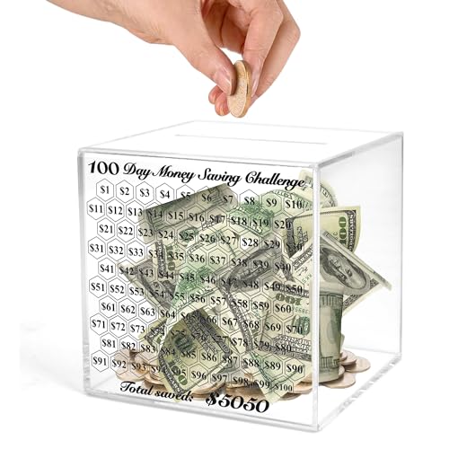LingLingo Piggy Bank for Adults, Smash Box for Money, Unbreakable Clear Acrylic Piggy Bank,Must Break to Open,100 Day Money Saving Challenge for Cash Coin, Save $5050