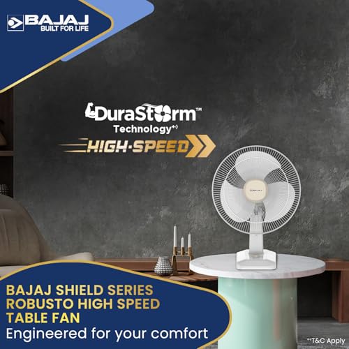 Image of Bajaj Shield Series Robusto High Speed 400MM Table Fan For Home | Durastorm Technology | Surge Protection | 100% Copper Motor | High Air Delivery | 3 Years Warranty 【Beige & White】