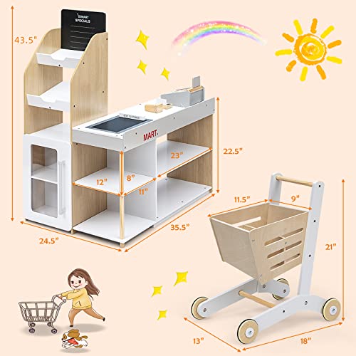 Honey Joy HJ-0724-CA Kids Grocery Store Playset, Wooden Grocery Store Pretend Play W/Cart, Cash Register Stand W/Coins, Chalkboard, Toddler Supermarket Play Toy thumb #2
