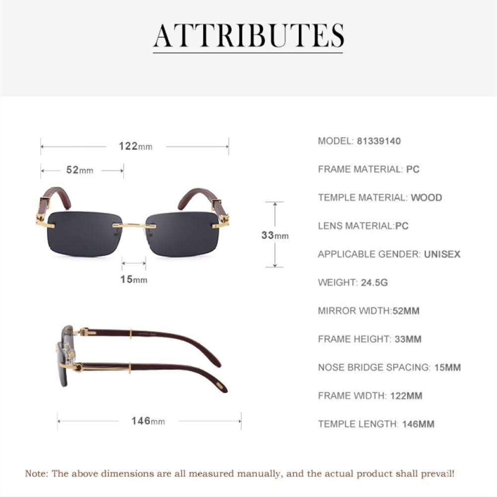 MUTYNE Gafas de sol sin montura de madera natural para hombre Gafas de sol de madera sin marco rectangulares clásicas para hombre UV400
