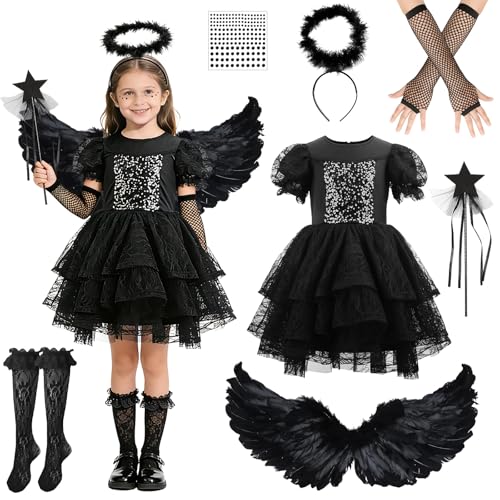 GEEKEO Disfraz Ángel Diablesa para Niña 3 9 Años, Disfraz Carnaval Niña Vestido Negro con Alas ángel, Halo y Varita Mágica Halloween, Cumpleaños y Navidad (S(3 5 Años))