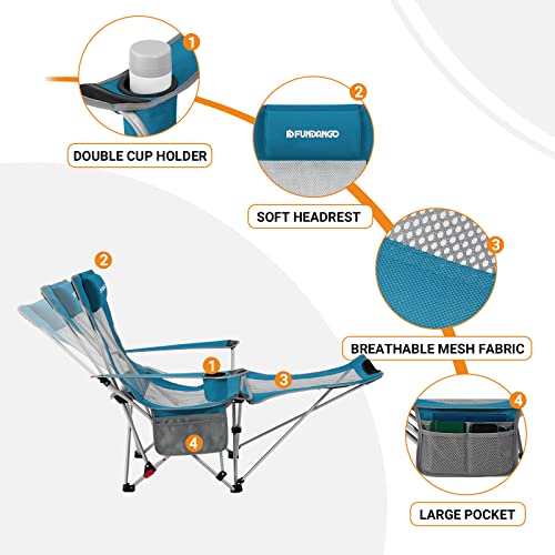 Fundango Reclining Camping Chair With Foot Rest, Portable Mesh Folding Lounge Chairs, Adjustable Chaise Lawn Chair With Headrest, Cup Holder, Storage Bag, For Outdoor Picnics Bbq, Teal #TOP4