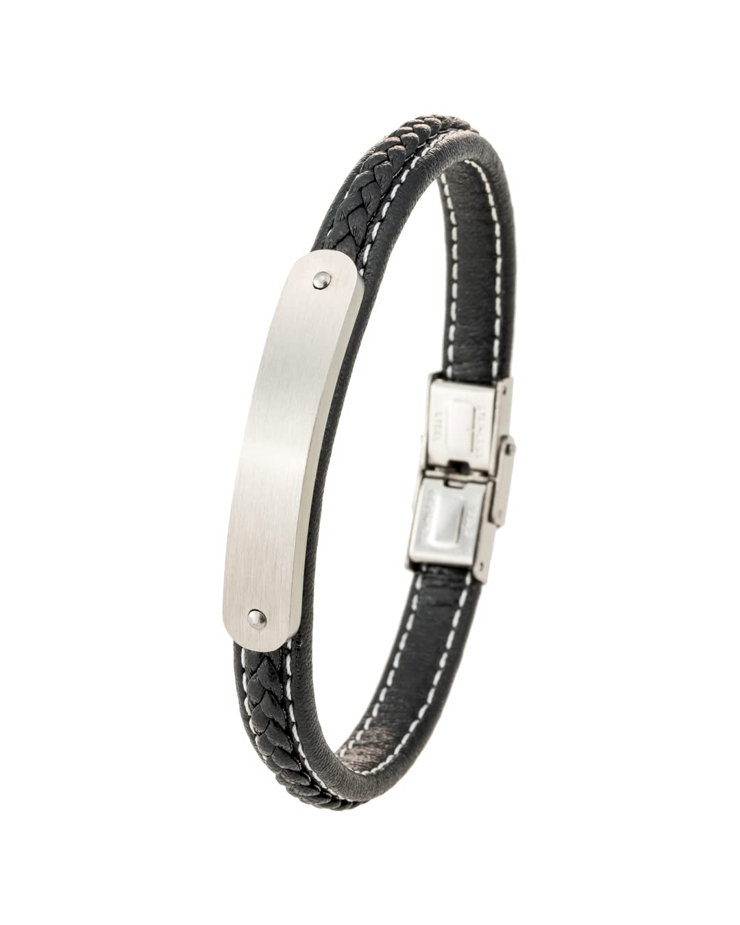 doble arodoble aro - Pulsera Personalizable en Cuero con Chapa de Acero | para Hombre | Joyería Masculina | Regalo Ideal para Papás | Detalle para Hombres (Modelo Negro Trenzado, Acero inoxidable)