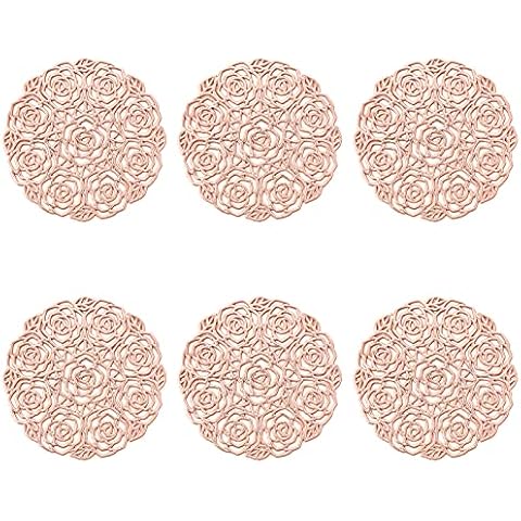 ASFINS Set of 6 Rose Coasters, Hollowed-Out Round Coasters Non-Slip Drinks Coasters Novelty Cup Coaster, for Home and Kitchen Resistant Use, Hollowed-Out, Metallic Round (Rose Gold, Style L, 10cm) Cover