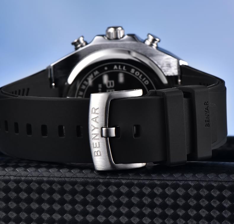 Image of BENYAR Men's Chronograph Sport Watch - Stainless Steel Case with Black Silicone Band, Tachymeter Bezel, Waterproof Quartz Wrist Watch