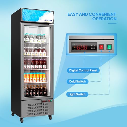 Image of ROVSUN 17 Cu.Ft Commercial Beverage Refrigerator ETL NSF, Slim Merchandiser Refrigerator Display Refrigerator Beverage Cooler Glass Door Fridge w /Adjustable Shelves LED Light for Bar Restaurant Cafe