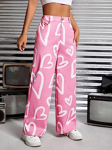 WDIRARA Women's Heart Print Button Front Trousers High Waisted Wide Leg Pants with Pocket3
