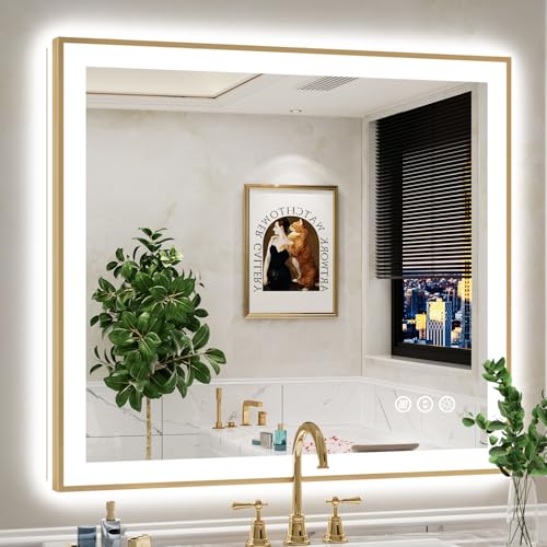 Image of 40x36 LED Bathroom Mirror with Lights, Gold Framed Lighted Mirror | Backlit and Front light, Anti-Fog, 3 Color Dimmable, Memory, Tempered Glass, IP54 Waterproof, UL Listed