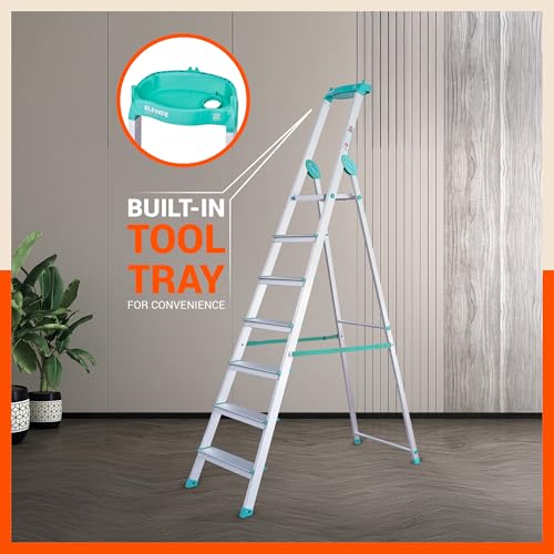 Image of Bathla Elevate 7-Step Foldable Aluminium Ladder for Home with Tool Tray | Anti-Skid | Durable, Heavy Duty, Safe & Stylish | 5-Year Warranty | Teal