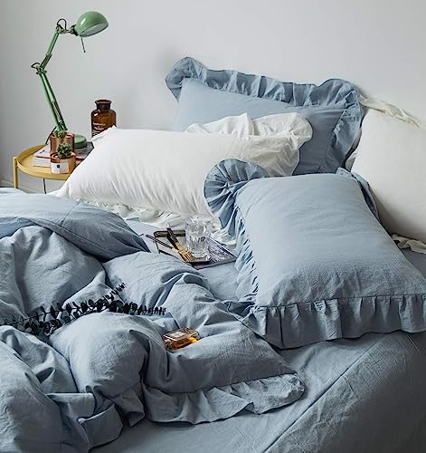 Lanqinglv Rüschen Bettwäsche 200x200 Gräuliches Blau Romantisch Aesthetic – Ansicht 5