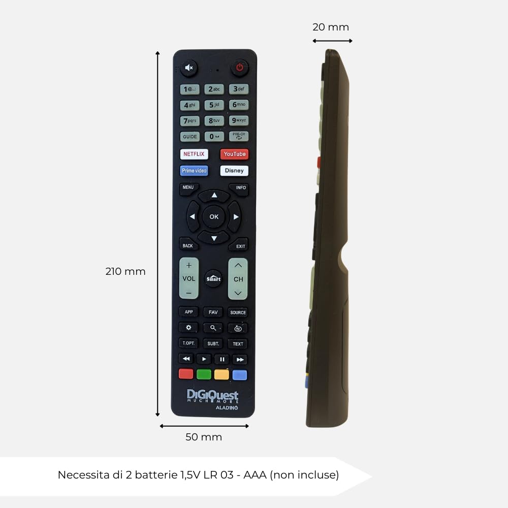 Digiquest Telecomando ALAD1N0 Universale pronto all’uso per tv SAMSUNG,LG,SONY,PHILIPS,PANASONIC, TELEFUNKEN o programmabile per altri brand | Tasti fluorescenti e dedicati alle piattaforme streaming