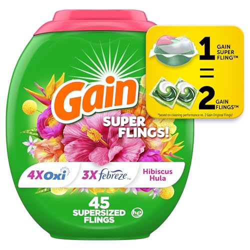 Gain Super Flings Laundry Detergent Pacs, 45 Count, Hibiscus Hula scent, irresistibly clean and fresh washing detergent laundry soap pacs