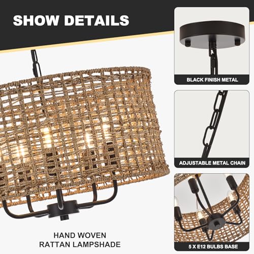 Image of 19.7 inch Black Rattan Chandelier, 5-Light Boho Wicker Light Fixture | Hand-Woven Rattan Pendant Light; Adjustable Height; Farmhouse Basket Drum Chandeliers for Dining Room, Kitchen, Bedroom, E12