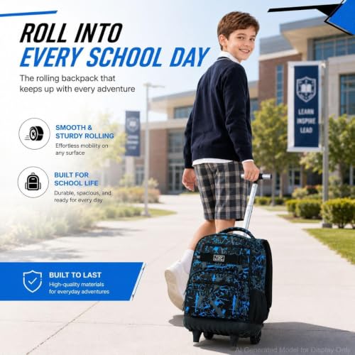 Image of 3Pcs Rolling Backpack for Boys, Men Roller Bag with Wheels for Adults, 19 Inche Graffiti Wheeled Bookbag with Lunch Box(Blue)
