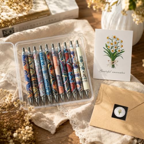10pcs Ballpoint Pen Set with Greeting card and Clear Plastic Packing box Bohemian Love Inspire Writing Smooth Best Gift for Office Stationery Lovers Bohemia - Image 2