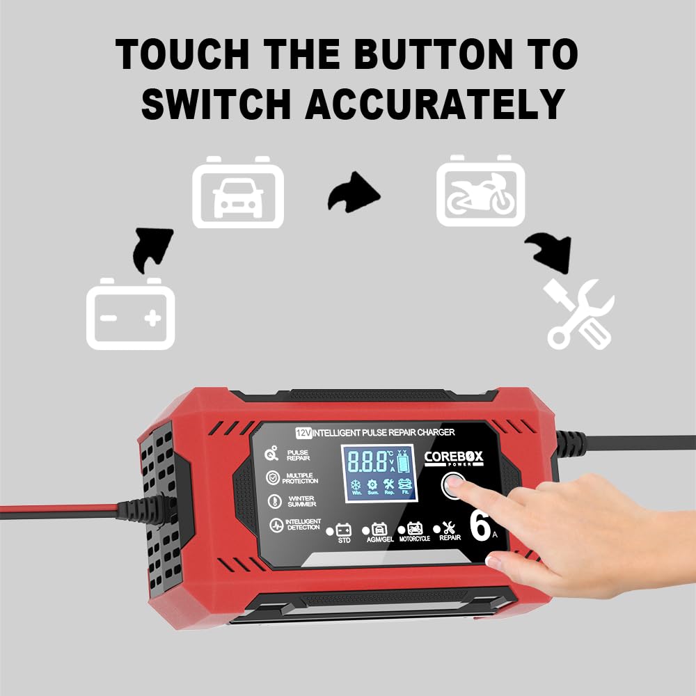 Ładowarka do akumulatora samochodowego 6 A, 12 V, w pełni automatyczna ładowarka do akumulatora samochodowego z ekranem dotykowym LCD, kompensacja temperatury, tryb naprawy, w pełni automatyczna