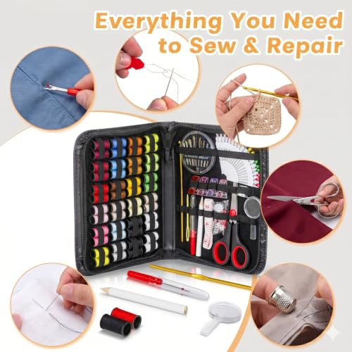 Image of 119-Piece Travel Sewing Kit for Adults & Kids, Small Needle & Thread Kit | Mini Emergency Repair Sewing Kit, Beginner Set with Multicolor Thread, Needles, Scissors, Thimble, Clips & Travel Case