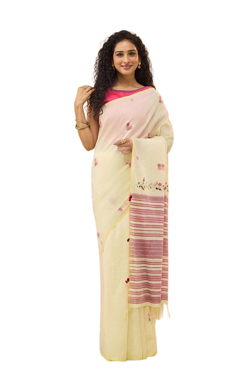 Women Light Yellow Cotton Bengal Jamdani Saree with Unstitched Blouse (SAIH02AD4380 - Light Yellow)-image-14