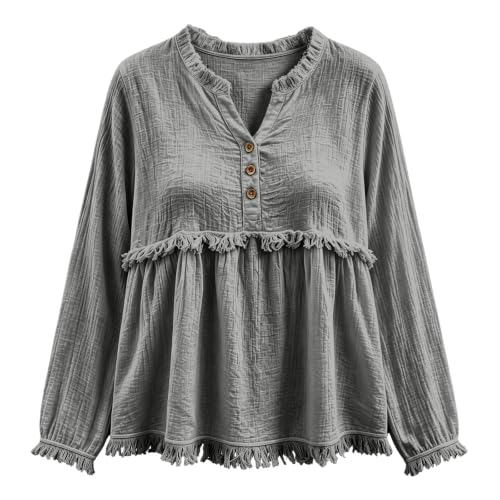 Boho Shirts for Women V Neck Button Tops Ruffle Trim Pullover Tops - image 4