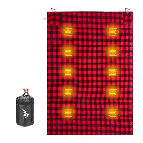 MANTUOLE Heated Sleeping Bag pad 5+5 Heating Zones Operated by 5V/2A USB Power Supply (Battery NOT Included). Black & Red Flannel-Double