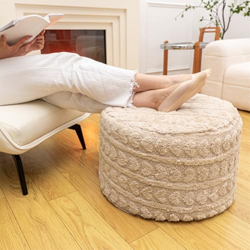 Round Pouf Ottoman Foot Rest 20x14 Inches Soft Heart Printed Footstool Ottomans for Living Room Comfort Floor Pouf Modern Foam Stuffed Poofs Perfect to Rest Your Feet for Couch Desk Light Coffee