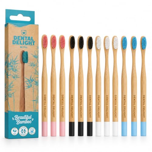 DENTAL DELIGHT Bambus Zahnbürsten Set 12 Zahnbürsten mit Bambusgriff & weichen BPA-freien Borsten Holzzahnbürste für Erwachsene & Familie
