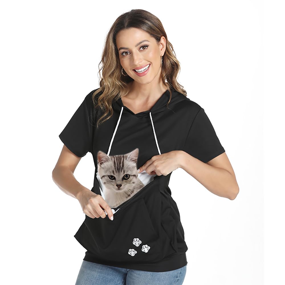 Women Big Pouch Shirt Pet Holder Pocket Top Short Sleeve Solid Color T-Shirt Black