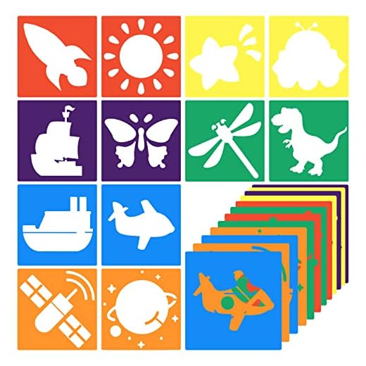 12 plantillas para niños, plantillas de dibujo de 8 x 8 pulgadas, plantillas de tiza para acera, grandes, lavables, de forma primaria, para niños pequeños, preescolares para aprender a pintar