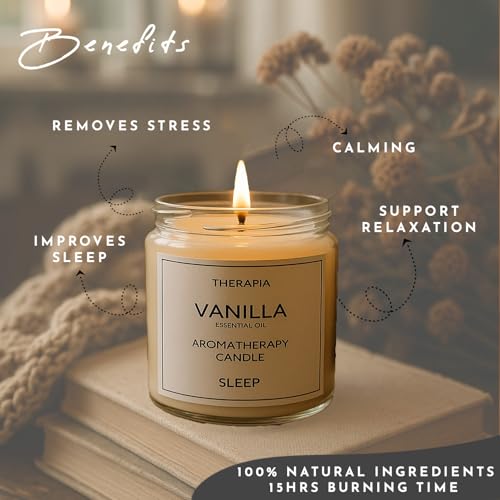 Image of Therapia Self Relieving Vanilla Essential Oil Candle |Hand Poured 200gms Soy Candle| More Than 12 Hours of Burn | Aromatherapy Gifts for Better Sleep, Relaxation and Home Spa