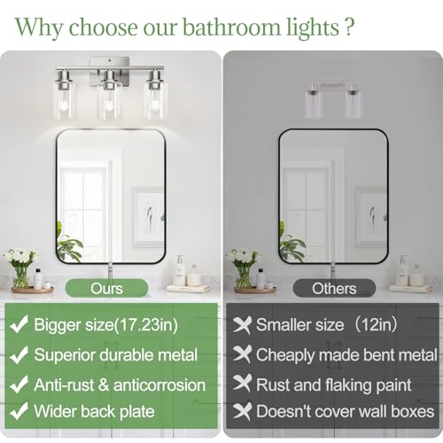 Image of MOKATNG 3-Light Bathroom Light Fixtures, Vanity Light with Clear Glass Shades, Brushed Nickel Bathroom Light Fixtures Over Mirror, Modern Bathroom Wall Lamp for Mirror Living Room Cabinet Bedroom