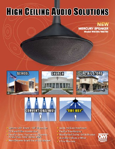 OWI M6720W 360-Degree Pendant Speaker, White; Selectable Impedance: 25/70/100 V/8 Ohms; 100W Max at 8 Ohms; (1) 6.5-Inch Woofer, (4) 2.5 Inch Midrange Tweeter, (1) 1-Inch Tweeter