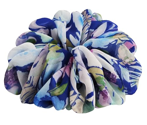 26 Colors Available, Colorful Big Scrunchies for Hair, Soft Chiffon Ponytail Holder, Cute Birthday Gift for Women Girl Teen, Holiday Accessory (Blue Green Floral Print)