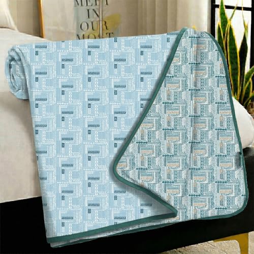 Image of Story@Home AC Comforter Queen Size Cotton 100%| 150GSM 144x220 CM Quilt AC Blanket for Summer | AC Comforter Single Bed | Dark Cyan Blue & Light Blue, Aztec Reversible Design Duvet| All-Season Blanket