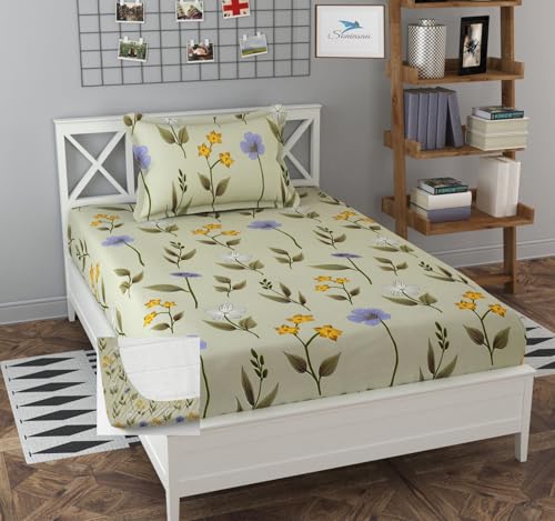 Image of 230 TC Glace-Cotton All Around Elastic Fitted Bedsheet, Elastic Fitted Bedsheet Single Size Bedsheet for Single Bed with 1 Pillow Cover, Size - 72 x 36 x 8 Inch Color