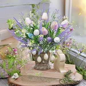 11pcs artificial easter flower 5 head tulips with eggs and fake lavender picks spring floral arrangements stems easter egg branches for home kitchen table centerpiece decorations  urban country home decor