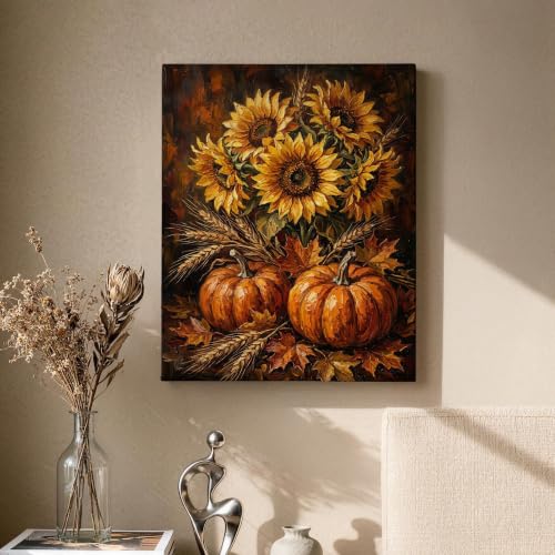 Lienzo de girasol y calabazas rústicas para decorar un salón acogedor en otoño 2