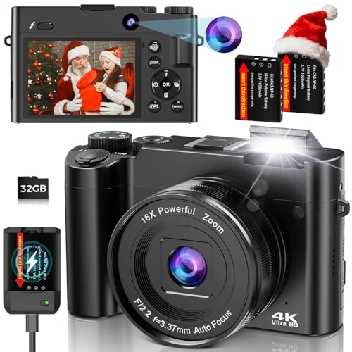 4K Digital Camera for Photography and Vlogging, 64MP Compact Autofocus YouTube Video Camera with Dual Lens 3' IPS Selfie Anti-Shake, 16X Zoom, Flash, 32GB Card, 2 Batteries, Teens & Beginners, Black