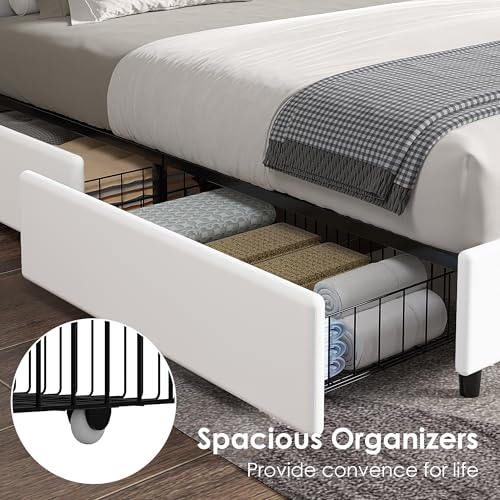 Image of VECELO Queen Size Upholstered Bed Frame with 4 Storage Drawers, Adjustable Velvet Rivet Decor Headboard, Wooden Slats Platform Support, No Box Spring Needed, Easy Assembly,White