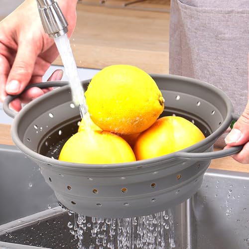 Scolapasta Pieghevoli, Scolino da Cucina in Silicone con Manici, Cestello Scolapasta per Scolare Pasta, Verdura, Frutta e Fagioli, Medio, Grigio - immagine 3