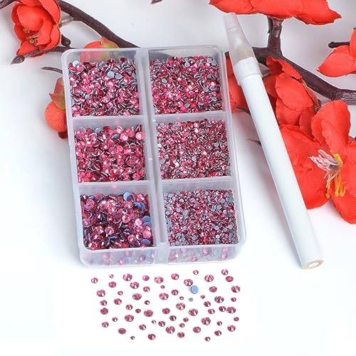 Image of Bymitel Hotfix Crystal Rhinestones Round Gems for Crafts,Mixed 6 Sizes with Wax Pencil Kit, Rose1.3-3.2mm(SS3-SS12 /8000pcs)