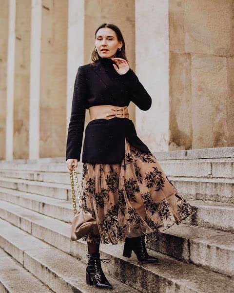 CHICWISH Women's Caramel 3D Leaf Double-Layered Mesh Tulle Midi Skirt3