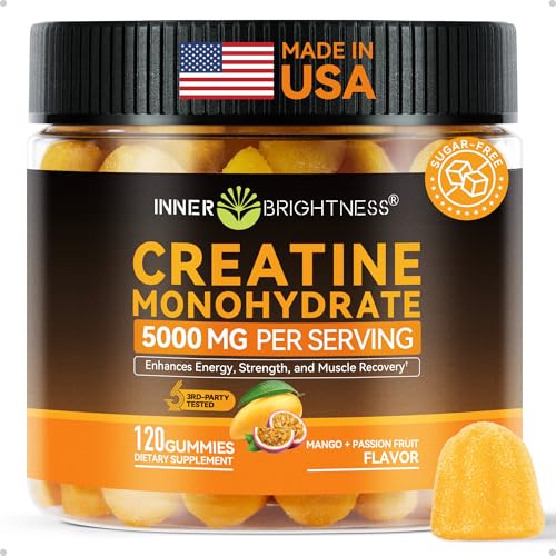 Inner Brightness Creatine Monohydrate Gummies for Men & Women 5000 mg, 3rd Party Tested, Creatine Gummies for Muscle Growth, Strength & Energy Support, Sugar Free, Vegan, 120 Count, Mango Passionfruit