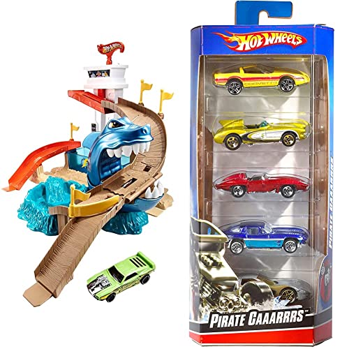 Hot Wheels Pista tubarão devorador, pista de carros de brinquedo (BGK04) conjunto de 5 veículos, carros de brinquedo (modelos sortidos) (1806)