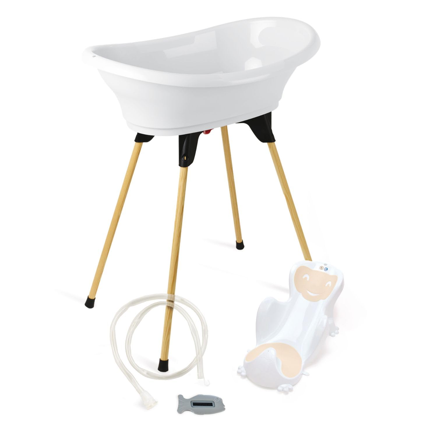 THERMOBABY – Pack de bañera para bebé VASCO 5 en 1 – Bañera, pie de madera, manguera de drenaje, tumbona de baño, termómetro – blanco candidiasis – Plegable y estable – Fabricado en Francia