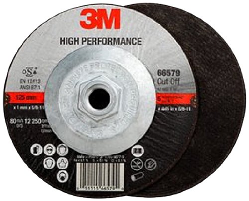 3M High Performance Cut-Off Wheel T27 Quick Change 66579, Ceramic, 5" Diameter, 3/64" Thick, 5/8"-11 Thread, 36+ Grit, 12250 rpm (Case of 25)