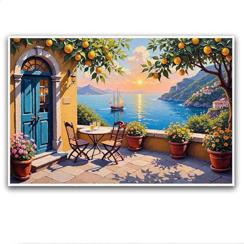 Amalfi Coast Sunset Lemon Tree Terrace Canvas Wall Art, Mediterranean Coastal Patio Landscape Print, Italian Seaside Village Scenery Poster for Living Room Bedroom Home Decor